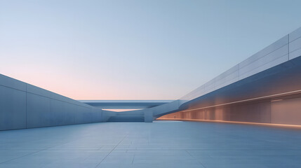 Expansive modern architectural plaza with sleek, minimalist lines under a soft, gradient sky, creating a serene and futuristic urban landscape