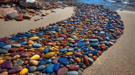 Obraz premium A winding path of smooth, colorful river stones on a sandy shoreline next to clear blue water