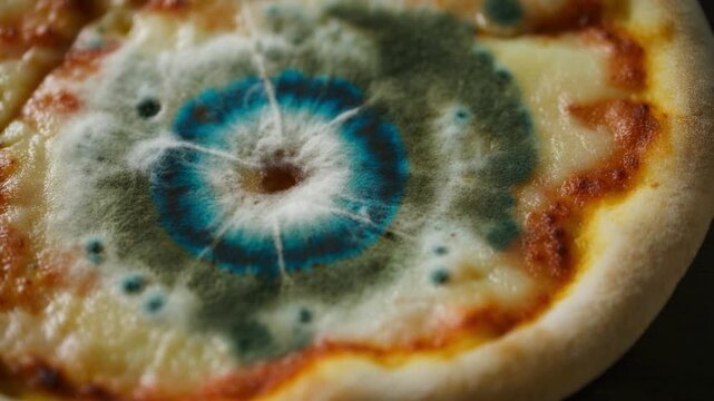 8K Bio-Symmetry: Hyper-detailed macro of circular fungal colonies in blue and green rings on pizza crust surface