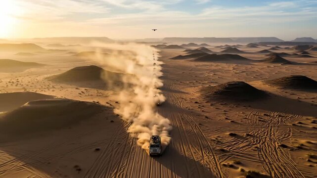 Drone records military vehicles convoy driving through desert causing dust, military operation concept. Surveillance technology footage.
