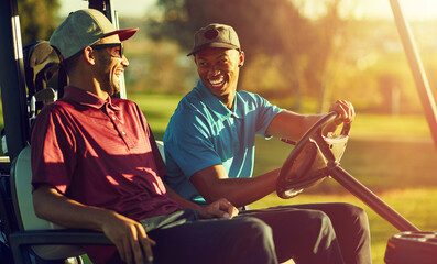 Sports, golf course and happy men in cart outdoor for playing game, tournament and competition. Morning, flare and people in caddy for transport for practice, training and active hobby together © JamDay/peopleimages.com