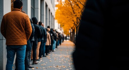 People waiting in line on autumn street with yellow trees