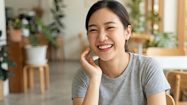 A cheerful young adult with Asian features expresses genuine joy, captured in a close-up portrait as she laughs heartily, eyes crinkled with pure delight, and a bright, authentic smile revealing prist