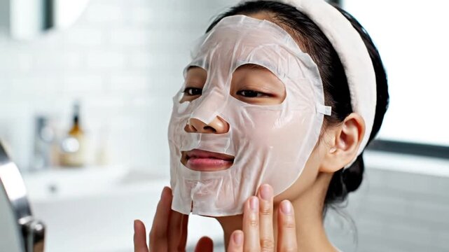 A young Asian woman indulges in a relaxing sheet mask application, enhancing her daily skincare routine for healthy, glowing skin in a bright, modern bathroom setting