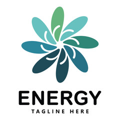 Obraz premium Green and blue flower logo with energy text on white background icon