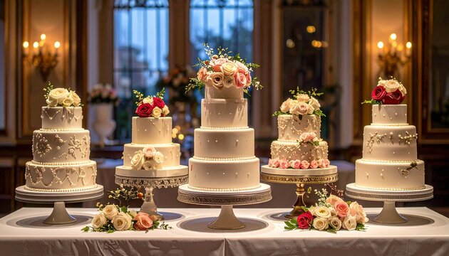 Elegant wedding cakes with floral decorations on tiered stands in a softly lit room.