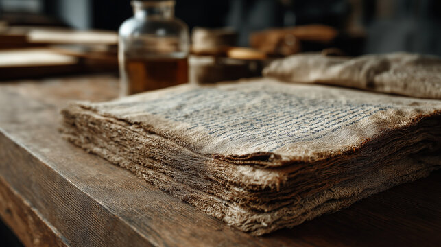 タイトル 古びた羊皮紙の束とインク瓶が置かれた中世風の書斎机の背景素材