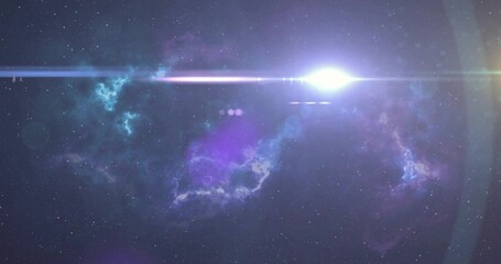 Obraz premium Shining bright stellar source casting horizontal lens flare across deep space, with nebula clouds