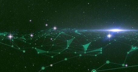 Obraz premium Depicting teal mesh spanning across space horizon, showing hex markers, lines, facets, stars, flare