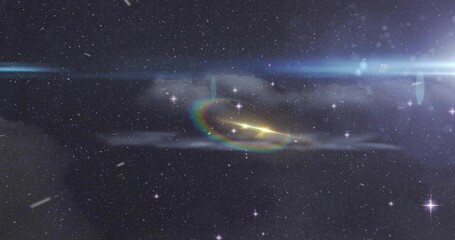 Obraz premium Glowing yellow-white core emitting rainbow arc across deep space, with lens flare and star streaks