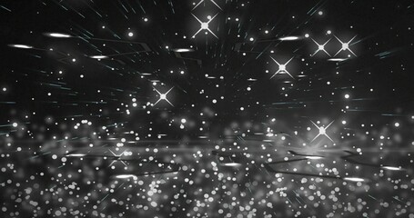 Glittering abstract light field radiating over studio reflective plane, with bokeh and star flares