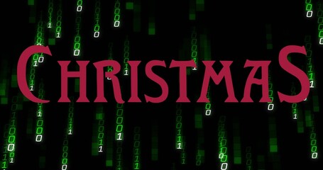 Displaying CHRISTMAS word spanning center of digital banner, showing green binary code columns