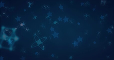 Obraz premium Glowing abstract pattern on navy-blue gradient, showing stars, nodes, lines, crystal cluster left