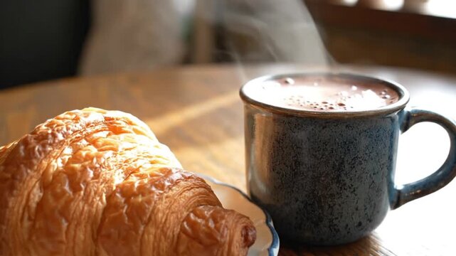 Delicious hot chocolate and a golden brown croissant on a wooden table, perfect for a morning breakfast