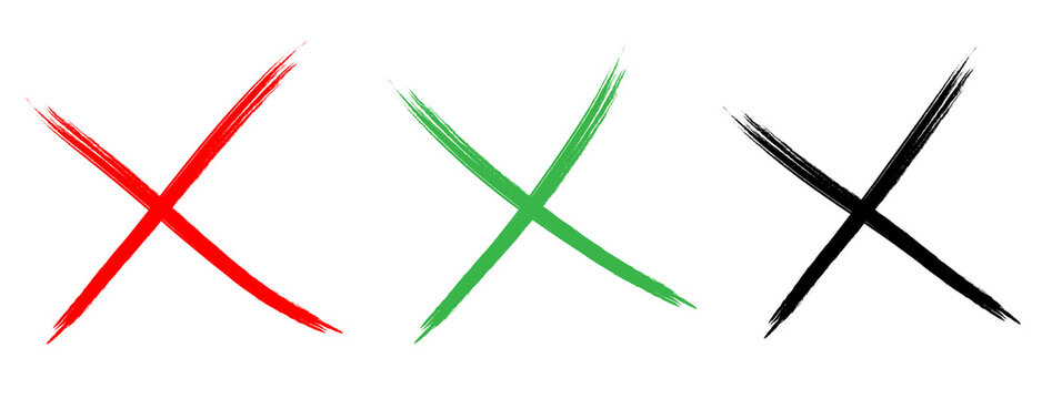 Set of Grunge Brush Stroke X Marks in Red Green and Black Colors isolated transparent background