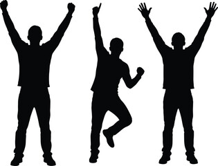 triumphant black silhouettes with raised arms and dynamic celebratory poses on white background, energetic victory, celebration, and expressive body language