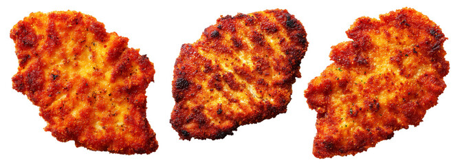 Obraz premium Milanesa breaded beef chicken schnitzel or cutlet with parsley garnish, isolated on white background, South American Cuisine