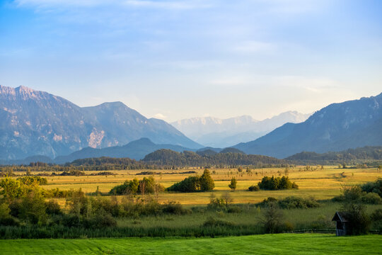 Evening light over Murnauer Moos with mountains in Bavaria Germany