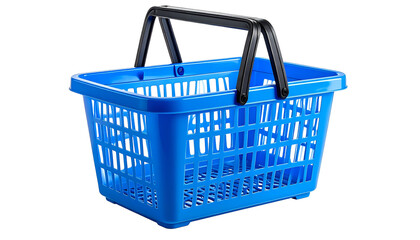 Isolated vibrant blue plastic shopping basket with black handles against a black background