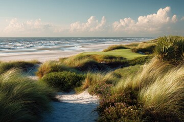 Kiawah Island Golf Course Beach offers stunning views of ocean waves and lush landscape in golden hour light surrounded by natural dunes and grasses © Ifti Digital