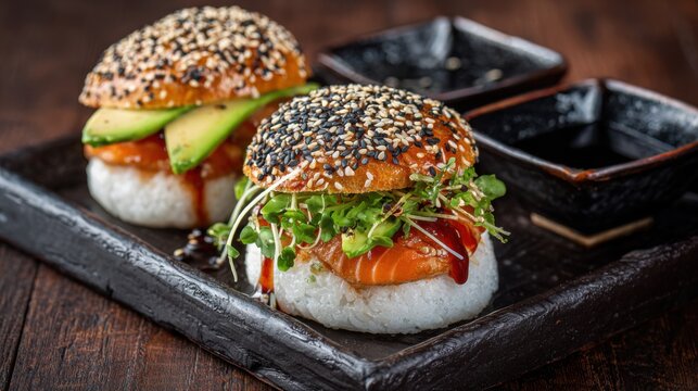 Flavorful gourmet sushi burgers sit on a black wooden plate. Each burger features a sesame seed bun filled with fresh salmon avocado and greens. Two small bowls of sauce accompany the dish.