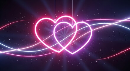 Obraz premium Two intertwined neon hearts glowing in bright pink and soft purple tones, suspended against a dark gradient background with radiant light rays