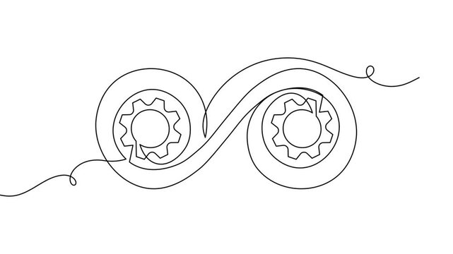 DevOps CI CD workflow process infinity loop approval check mark gear bracket continuous one line drawing minimal business work clean motion graphic for software delivery pipeline 4k animation video