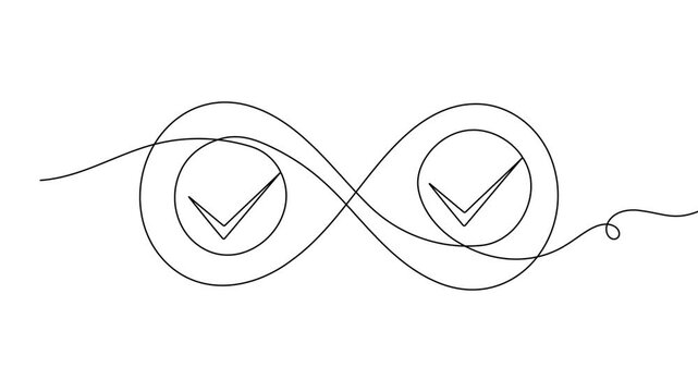DevOps CI CD workflow process infinity loop approval check mark gear bracket continuous one line drawing minimal business work clean motion graphic for software delivery pipeline 4k animation video