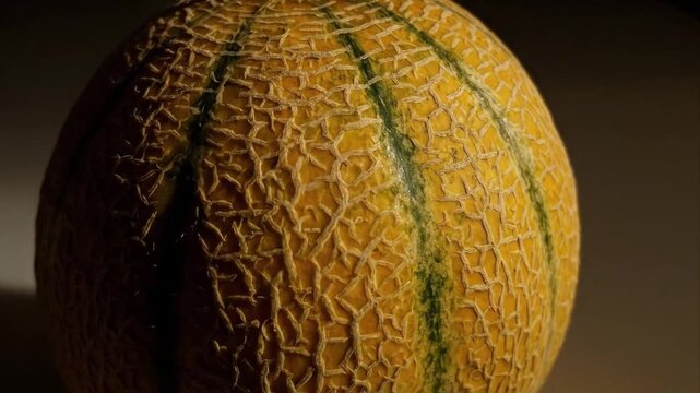 This captivating close-up video showcases the intricate, textured skin of a fresh, ripe melon. Warm, soft lighting emphasizes the beautiful netting pattern and subtle green stripes across its golden-o