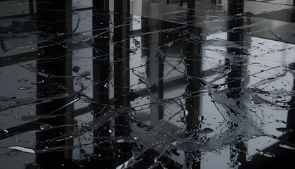 Shattered glass on modern office floor with reflections