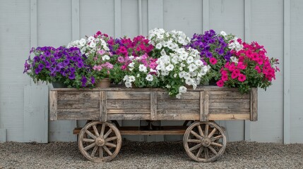 Rustic Wooden Cart Displaying Vibrant Assortment of Petunias Against Weathered White Wall