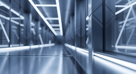 Obraz premium Dynamic Illuminated Futuristic Corridor with Abstract Geometric Architecture, Reflecting Modern Design and Advanced Technology, Creating a Sleek and Progressive Atmosphere
