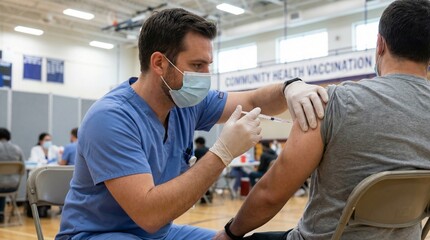 Obraz premium Healthcare Worker Administering Vaccine To Patient In Community Clinic Gym, Masked Clinician Preparing Syringe, Seated Recipient Exposing Upper Arm,