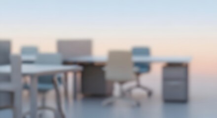 Fototapeta premium Soft Focus Modern Office Blurred Interior of a Professional Workspace with Empty Desks and Chairs, Evoking Serene Atmosphere of Potential and Contemporary Design
