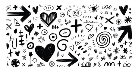 Black and White Hand Drawn Doodle Elements Hearts Arrows Stars Eyes Crosses and Swirls sketch illustration © Maru