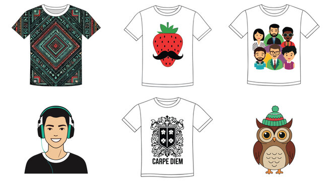 Various creative t-shirt designs showcase different graphics including an owl in a hat and a red strawberry with a stylish black mustache.