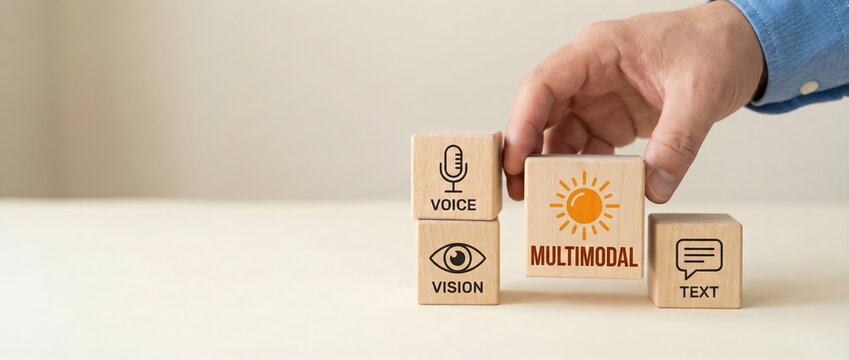 Multimodal concept with voice, vision, and text icons on wooden blocks, hand arranging blocks for communication and technology integration Concept of AI, data, and digital interaction
