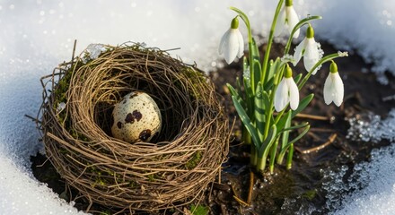 A tiny quail egg in a bird's nest among the first snowdrops in the melting snow, the concept of spring awakening. AI generated.