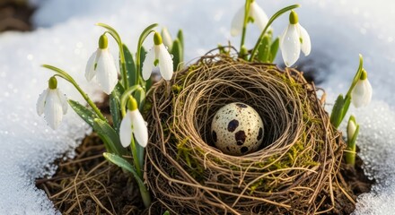 A tiny quail egg in a bird's nest among the first snowdrops in the melting snow, the concept of spring awakening. AI generated.
