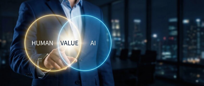 Man touching glowing Venn diagram of Human Value and AI, representing integration and synergy in business and technology, with blurred city skyline at night Concept of future, innovation, and partners