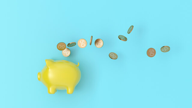 Yellow piggy bank and coins in 3D rendering on blue background