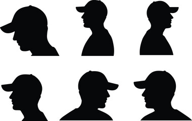 Six black silhouette profile variations of a person wearing a baseball cap arranged in two rows, minimalist portrait set for design