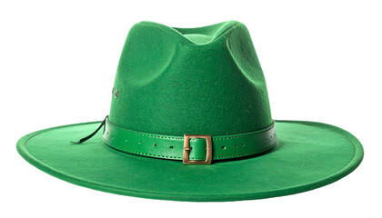 Bright green fedora hat with a leather band and buckle, isolated on black