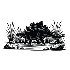 Prehistoric swamp silhouette vector with Stegosaurus, muddy water, reeds, and large stones on white background-01.eps © MDSHAMSUDDIN