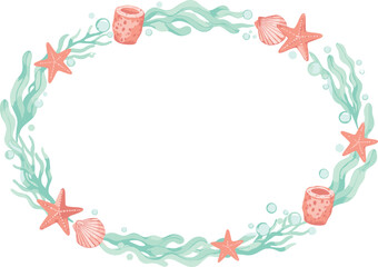 Hand Drawn Ocean Wreath Vector Illustration with Seaweed, Starfish, Shells, and Coral Elements Forming a Decorative Marine Frame for Summer and Coastal Designs
