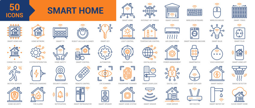 Smart Home colored line icon collection set. Containing smart door lock, smart sensor, home security, motion sensor, internet of things, system integration, smart TV, light control, automation icons