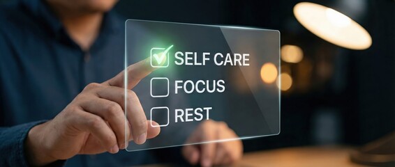 Mans finger checking off Self Care on a futuristic digital checklist interface, representing personal wellbeing, productivity, and mental health goals in a modern, techdriven environment