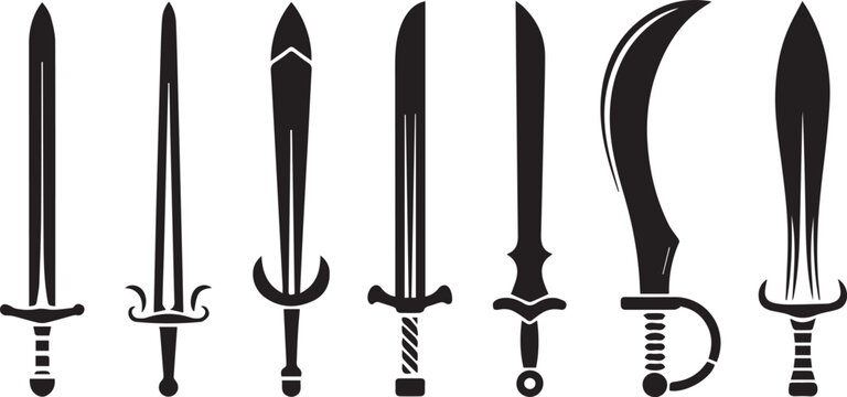 Fantasy sword tattoo set, vector linocut magic blade, dragon wings, fairy tale silhouette collection. Mystic legend snake print, spiritual medieval logotype, witchcraft sign. Sword tattoo black design