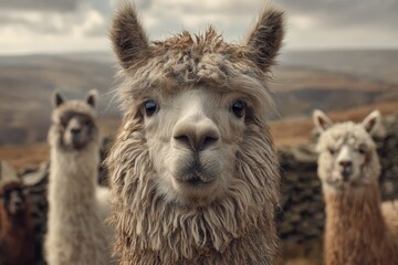 Obraz premium Rescued alpacas alongside sheep and a llama enjoying a peaceful moment in a serene landscape during the late afternoon