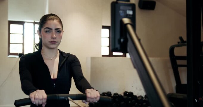 Medium shot of young woman  engaging in a rowing workout at a sleek gym. Bright natural light fills the space, and focus is on her technique and posture as she rows.